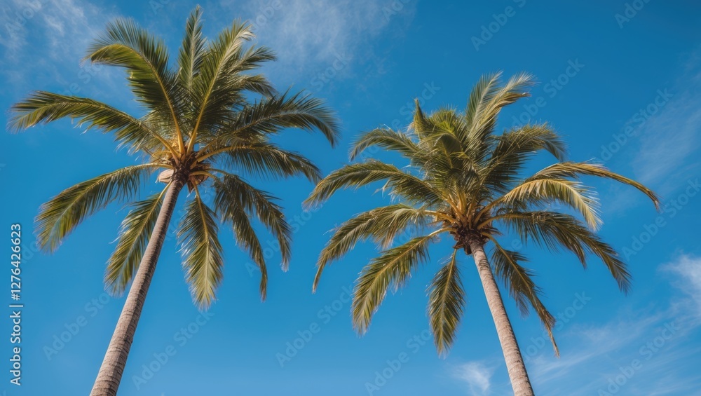 Two tall palm trees with green fronds against a clear blue sky in bright natural light. Two tall palm trees with green fronds against a clear blue sky in bright natural light.