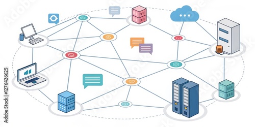 Isometric Network Diagram Cloud Computing, Data Communication, Interconnectivity, Servers, Devices. Cloud Computing, Network Architecture