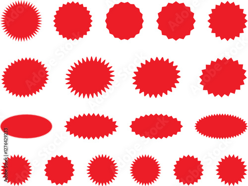 Starburst red sticker set - collection of special offer sale oval and round shaped sunburst labels and badges. Promo stickers with star edges. Vector.