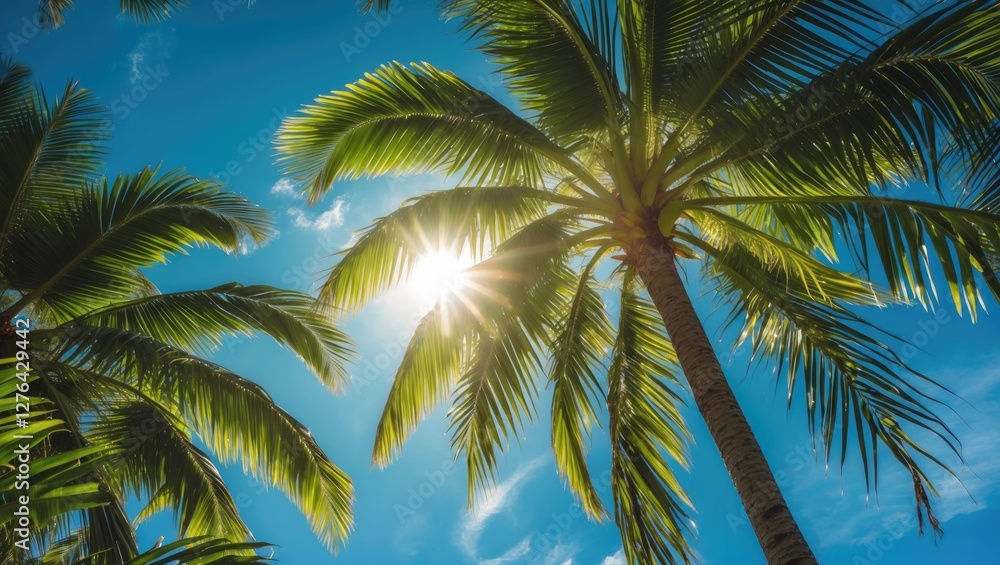Palm trees against a bright blue sky with sun rays shining through the leaves creating a tropical and vibrant atmosphere
