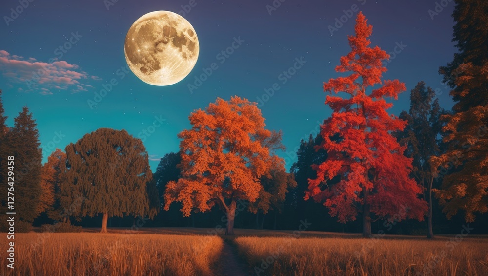 Fototapeta premium Moonlit landscape featuring colorful autumn trees against a clear night sky with a large moon glowing above.