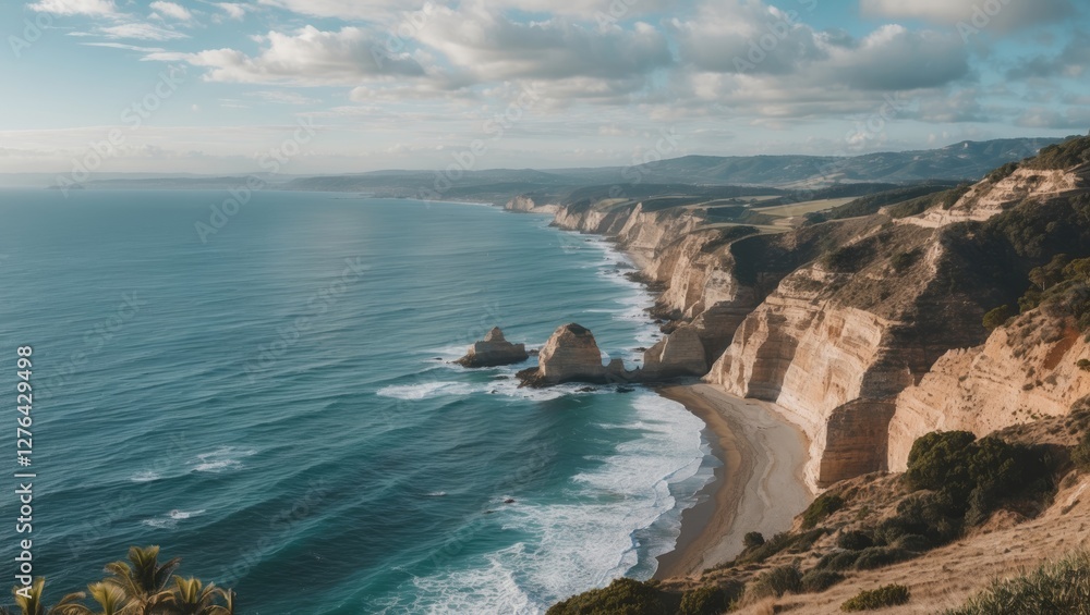 Obraz premium Coastal landscape featuring cliffs and shoreline with ocean waves and cloudy sky during a sunny day in a natural setting