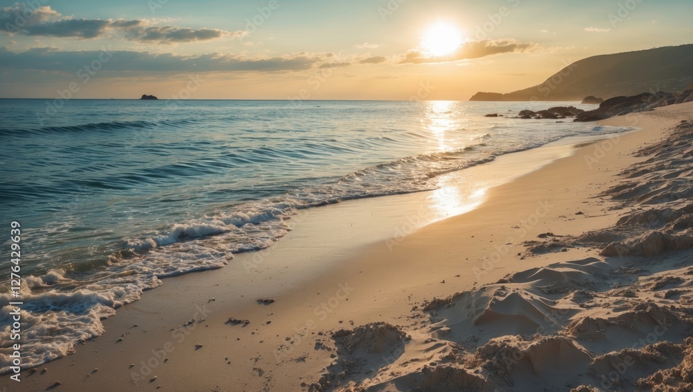 Sunset over calm ocean waves on sandy beach with gentle tide and distant hills in background under a clear sky Sunset over calm ocean waves on sandy beach with gentle tide and distant hills in background under a clear sky