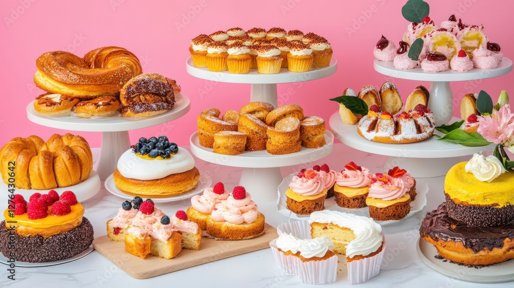 A vibrant display of assorted desserts and pastries on elegant stands against a pink backdrop A vibrant display of assorted desserts and pastries on elegant stands against a pink backdrop