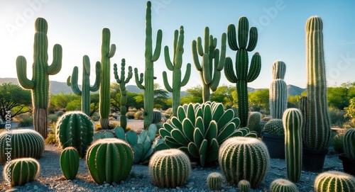 Desert landscape featuring a diverse arrangement of various cacti species under clear blue skies during daylight hours