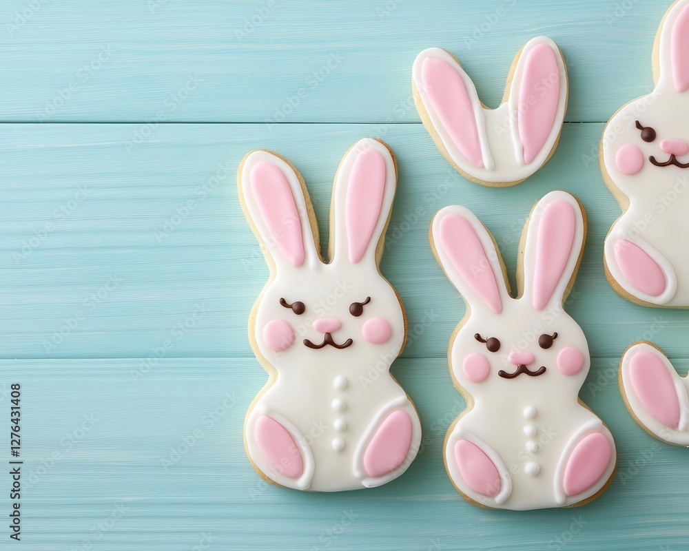 Fototapeta premium Handpiped pastel Easter bunny cookies with delicate icing details