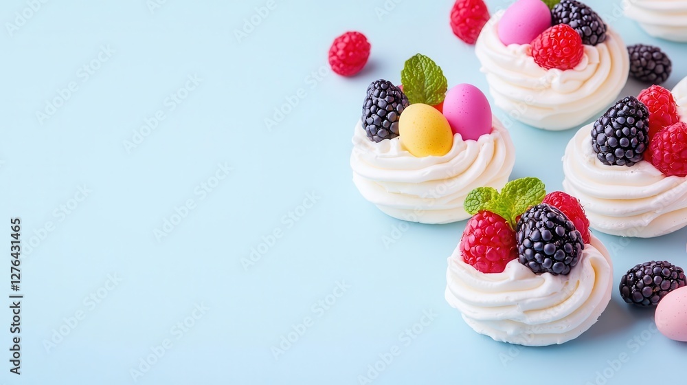 Fluffy meringue nests with Easter egg candies and fresh fruit toppings Fluffy meringue nests with Easter egg candies and fresh fruit toppings