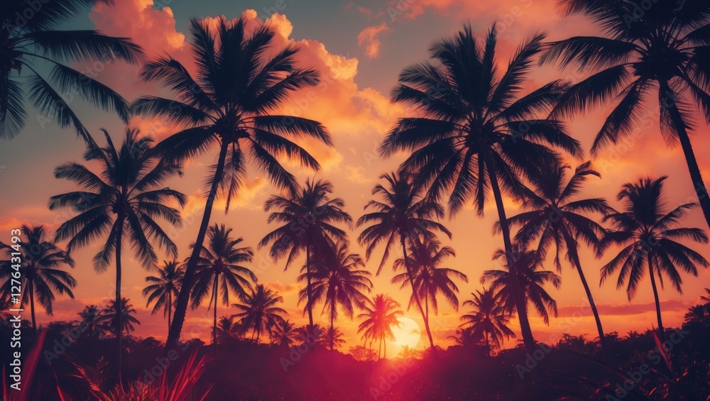 Tropical sunset with silhouetted palm trees against a colorful sky and soft clouds during dusk in a coastal environment Tropical sunset with silhouetted palm trees against a colorful sky and soft clouds during dusk in a coastal environment