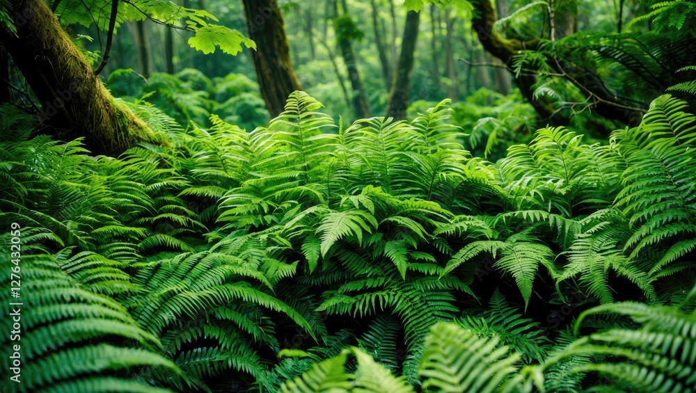 Lush green ferns in a dense forest with soft natural light filtering through trees in a tranquil woodland setting Lush green ferns in a dense forest with soft natural light filtering through trees in a tranquil woodland setting