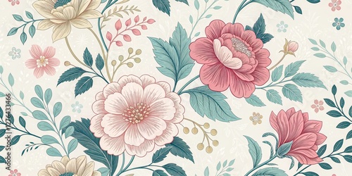 Wallpaper Mural Seamless Pastel Floral Pattern Delicate Peonies and Leaves, Vintage Design, Botanical Illustration, Teal and Pink, Floral Textile Floral Pattern, Botanical Print Torontodigital.ca