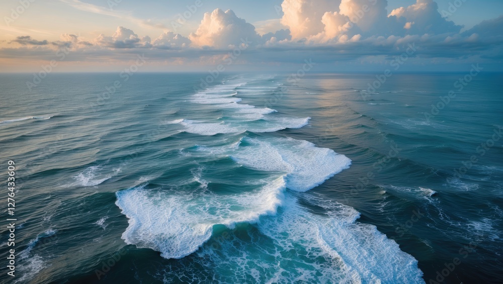 Aerial view of ocean waves rolling towards the shore with dramatic clouds and a colorful sky at sunset or sunrise. Aerial view of ocean waves rolling towards the shore with dramatic clouds and a colorful sky at sunset or sunrise.