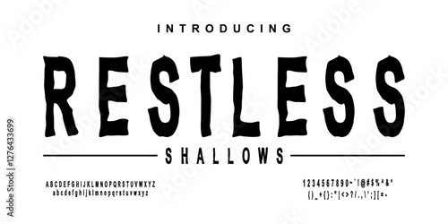 Sans serif font "Restless shallows" with vintage style typography. Alphabet vector font with Uppercase, lowercase, and number. Regular Bold font with uppercase dan lowercase variation.