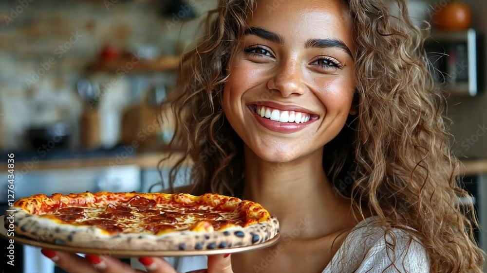 Pizza Delight: Captivating young woman beams with joy as she presents a delicious, freshly baked pizza, embodying the pleasures of food and home. Pizza Delight: Captivating young woman beams with joy as she presents a delicious, freshly baked pizza, embodying the pleasures of food and home.