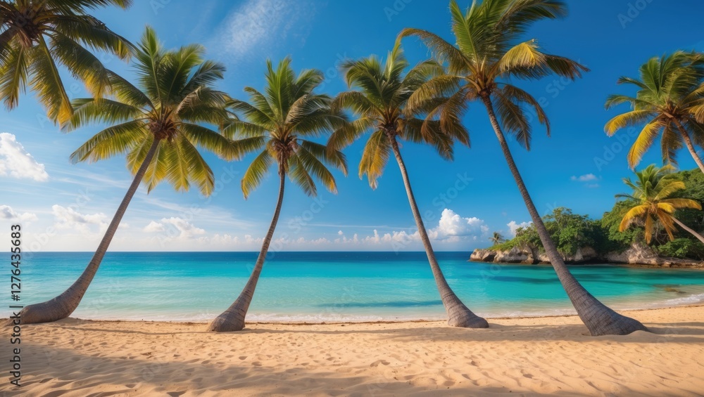tropical beach with palm trees and clear blue ocean under a bright sky with fluffy clouds in a serene landscape environment tropical beach with palm trees and clear blue ocean under a bright sky with fluffy clouds in a serene landscape environment