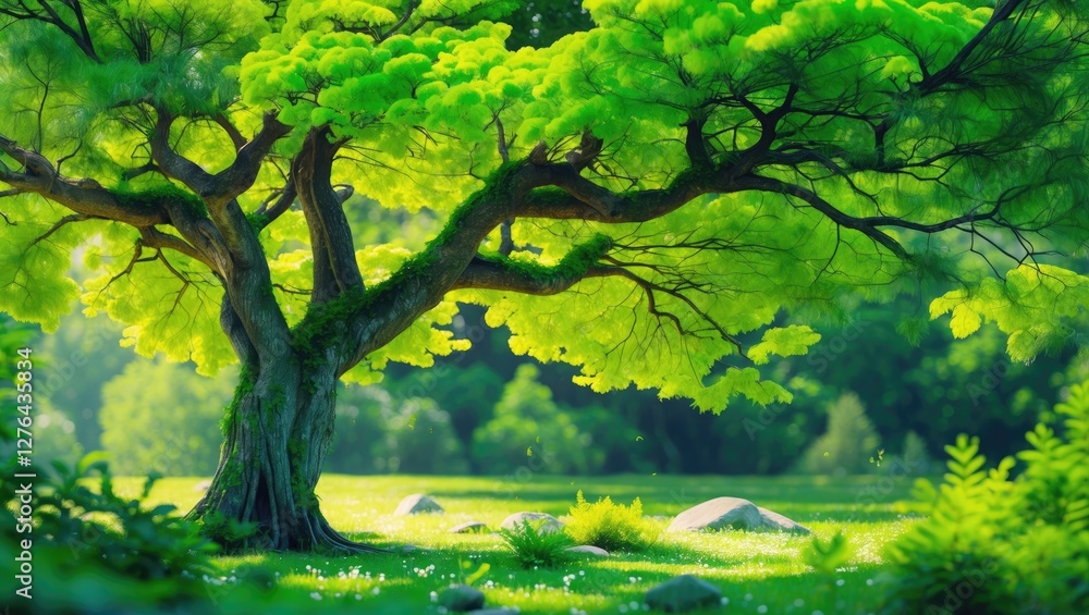 lush green tree in natural landscape with vibrant leaves and surrounding grass and rocks under soft sunlight lush green tree in natural landscape with vibrant leaves and surrounding grass and rocks under soft sunlight