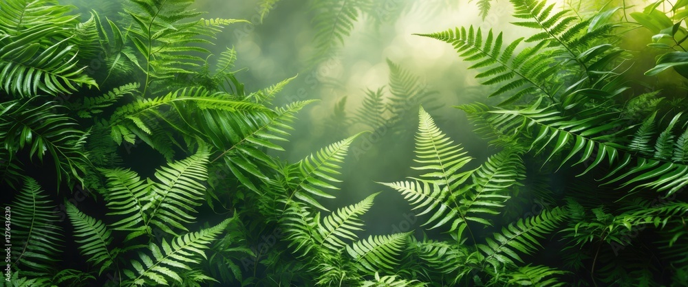 Obraz premium Lush green ferns with varying textures and shades illuminated by soft light in a natural forest setting
