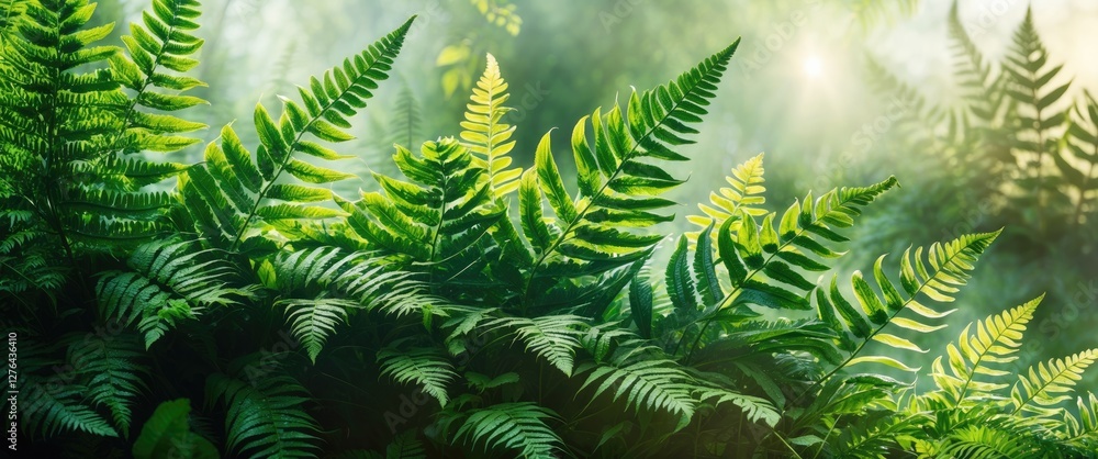 Lush green ferns in sunlight with a blurred forest background creating a natural and tranquil atmosphere for nature themes. Lush green ferns in sunlight with a blurred forest background creating a natural and tranquil atmosphere for nature themes.