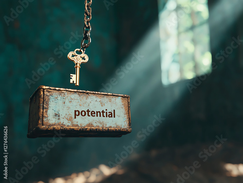 Illuminating potential a key suspended over a box with the word potential highlighted in soft light
