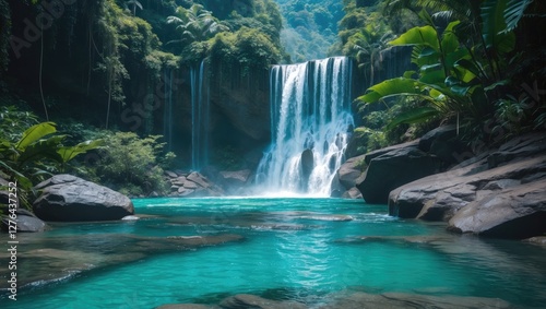 Lush tropical waterfall cascading into turquoise pool surrounded by dense greenery and rocky landscape in a serene natural setting.