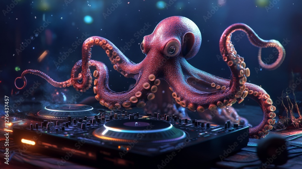Obraz premium An octopus DJ spinning records on turntables, tentacles skillfully adjusting knobs, deep-sea party vibes.