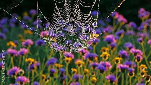 Spiderweb glistening with dew among colorful wildflowers, nature photography concept