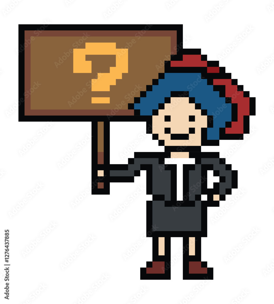 Obraz premium Cute pixel cartoon character woman with question mark decoration 8 bit female girl lady confused idea question mark think questionnaire choose cartoon pixel game 8bit png vector.