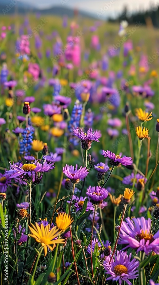 A vibrant wildflower meadow stretches across the lush green mountain landscape, bursting with colorful blooms. A vibrant wildflower meadow stretches across the lush green mountain landscape, bursting with colorful blooms.