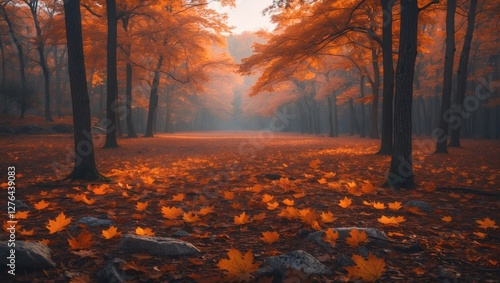Autumn forest landscape with orange leaves covering the ground and trees in soft focus creating a tranquil atmosphere
