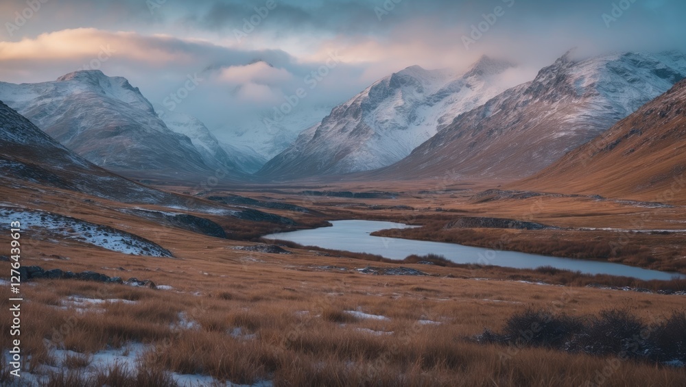 Fototapeta premium Mountain valley landscape with a river in the foreground under a cloudy sky and snow-capped peaks during dusk or dawn.
