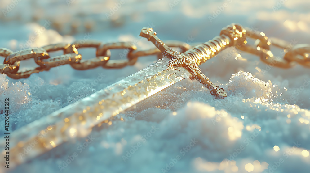 Fototapeta premium Glittering sword on a snowy surface with a chain a stunning closeup of winters majesty and fantasy elements