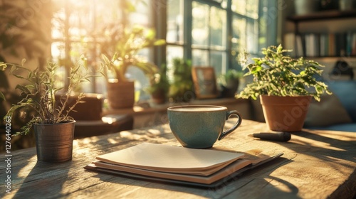 Sunlit Morning Coffee Beside Open Notebook And Plants