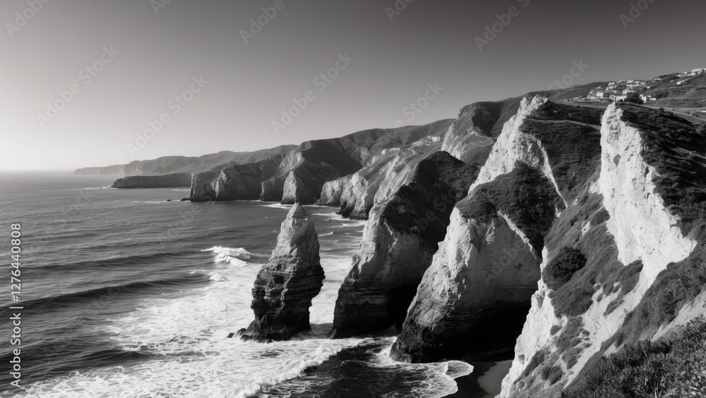 Coastal landscape in black and white featuring rugged cliffs and ocean waves along a shoreline with rock formations Coastal landscape in black and white featuring rugged cliffs and ocean waves along a shoreline with rock formations