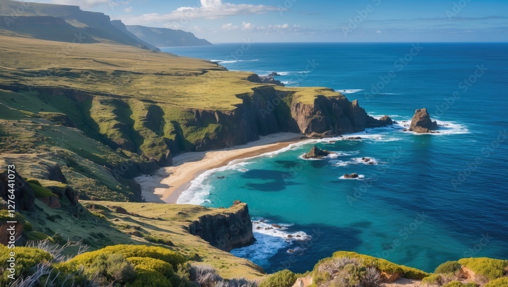 Coastal landscape with cliffs sandy beach and blue water under clear sky captured in daytime natural scenery. Coastal landscape with cliffs sandy beach and blue water under clear sky captured in daytime natural scenery.