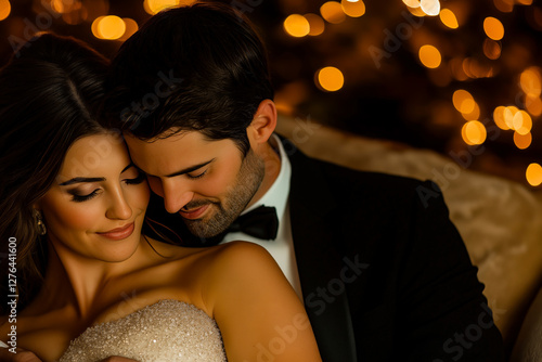 A couple in elegant evening attire sharing a romantic moment, with soft golden lights creating a warm and intimate atmosphere