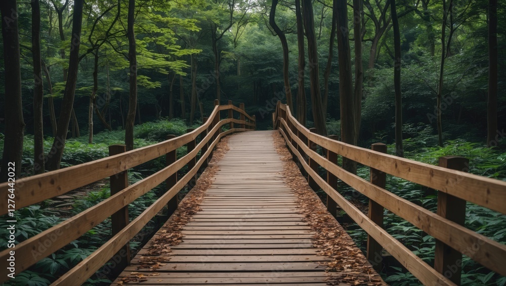 Wooden bridge pathway in dense forest surrounded by lush greenery and fallen leaves during daytime Wooden bridge pathway in dense forest surrounded by lush greenery and fallen leaves during daytime