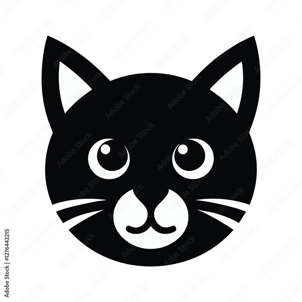 Black cat face vector logo icon, simple flat design on a white background, no shadow under the head of the black, cute kitten, vector illustration style, simple line art, symmetrical composition, logo