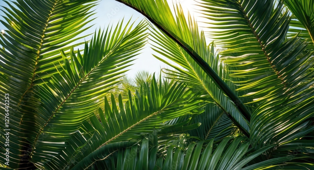 Green palm leaves under sunlight creating a vibrant tropical foliage background with clear sky Green palm leaves under sunlight creating a vibrant tropical foliage background with clear sky