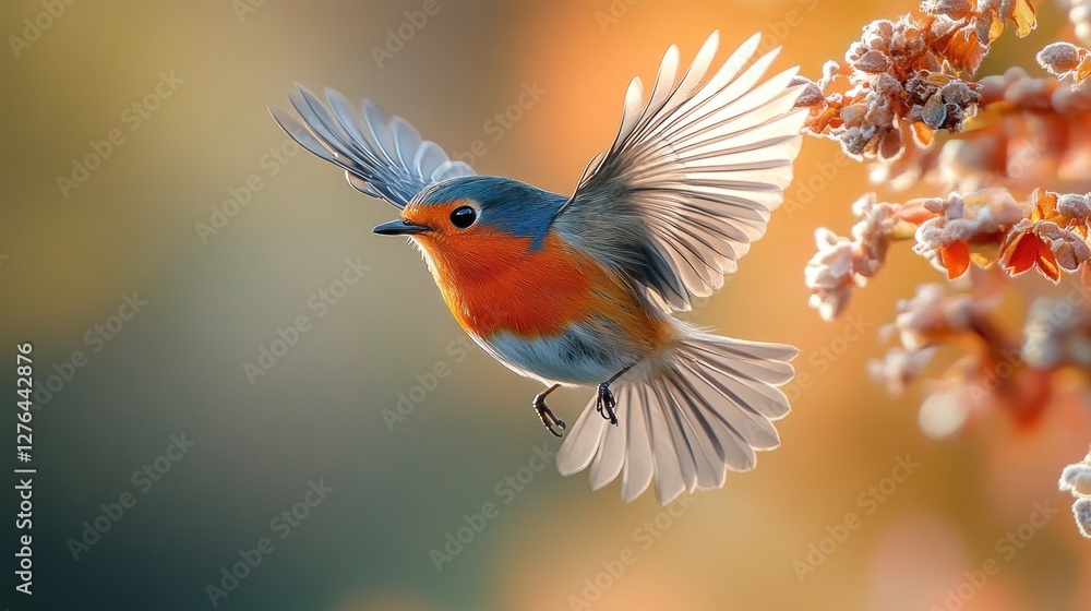 Fototapeta premium Robin flying, autumn garden, blurred background, nature poster