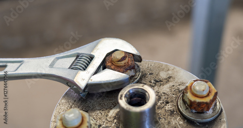 Vászonkép A rusty bolt being loosened with an adjustable wrench during maintenance
