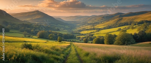 Lush green valley landscape with rolling hills and soft sunlight illuminating the terrain during golden hour in summer nature scene photo