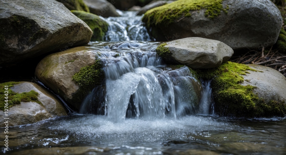 Mountain stream cascading over moss-covered rocks in a serene natural setting with clear water flowing in a forest environment. Mountain stream cascading over moss-covered rocks in a serene natural setting with clear water flowing in a forest environment.