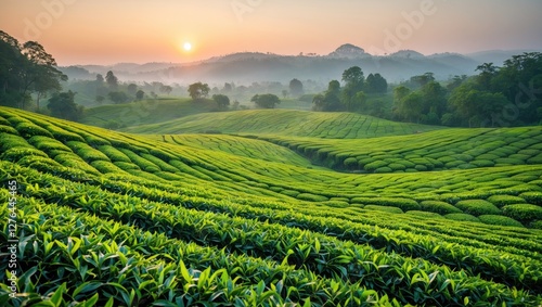 Wallpaper Mural Sunrise over lush green tea plantation hills with layered rows and misty mountains in the background under a colorful sky Torontodigital.ca