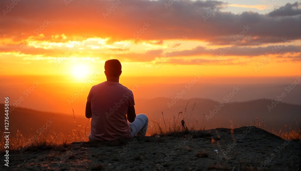 Obraz premium Man Sitting on the Edge of a Mountain at Sunset.