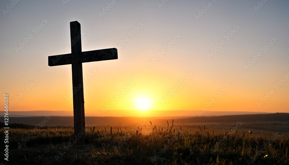 a cross standing in a field during sunset. a cross standing in a field during sunset.