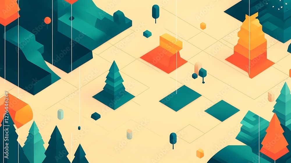 Abstract Isometric Landscape Featuring Geometric Trees and Structures Abstract Isometric Landscape Featuring Geometric Trees and Structures