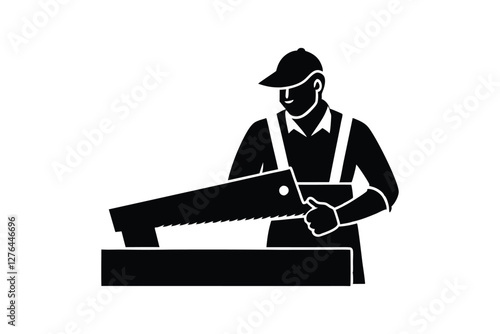 Silhouette of a carpenter with a saw and a wooden plank, representing skilled labor vector art illustration.eps