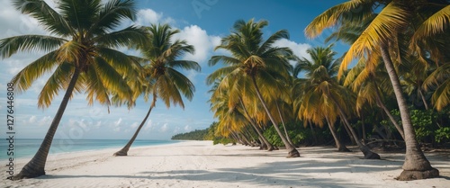 Tropical beach landscape with palm trees and white sand under a clear blue sky. Serenity and natural beauty in a coastal setting. photo