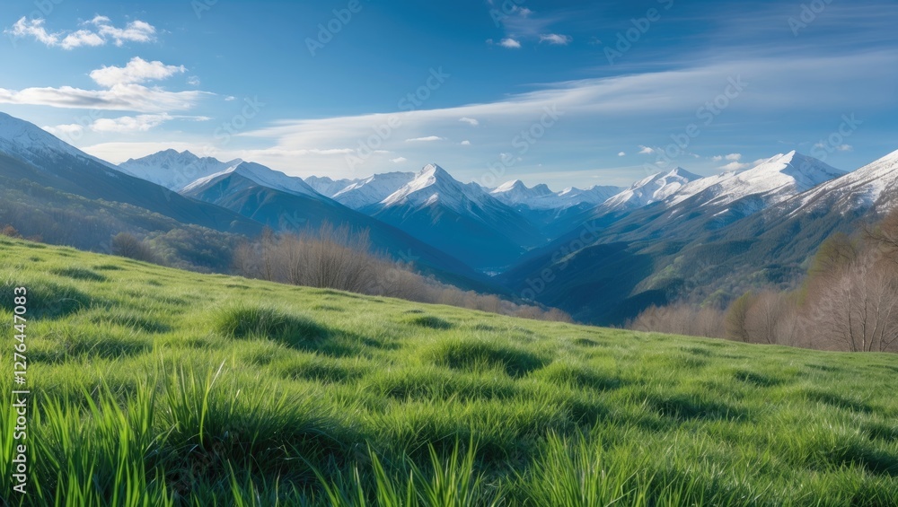 Mountain landscape with snow-capped peaks, lush green grass in foreground, clear blue sky with scattered clouds, panoramic nature view. Mountain landscape with snow-capped peaks, lush green grass in foreground, clear blue sky with scattered clouds, panoramic nature view.