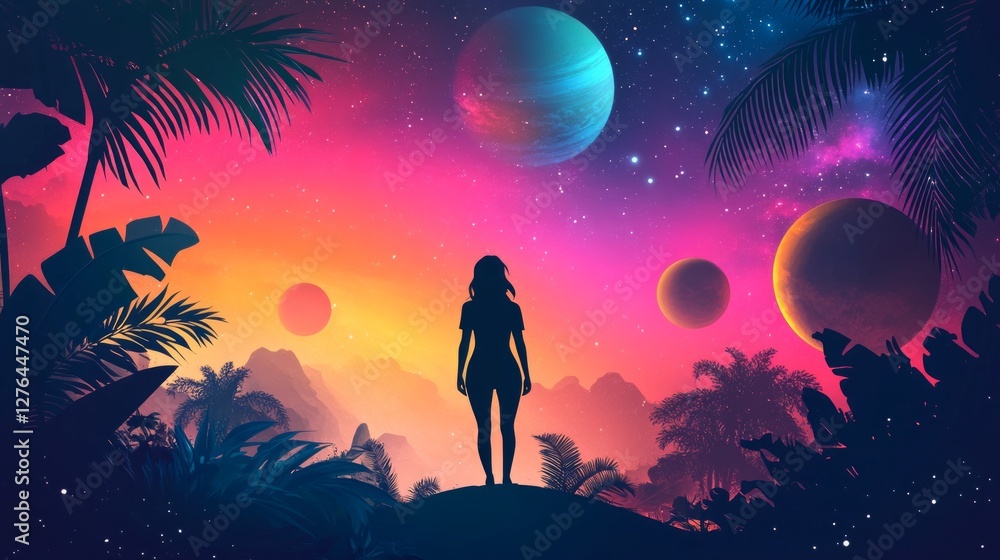 Obraz premium Woman Silhouette Against A Vibrant, Planetary Vista, Set Amidst Lush, Tropical Foliage At Dusk.