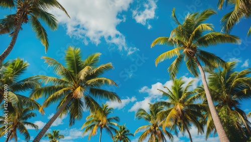 Wallpaper Mural Palm trees against a bright blue sky with scattered clouds in a tropical setting during daylight. Torontodigital.ca